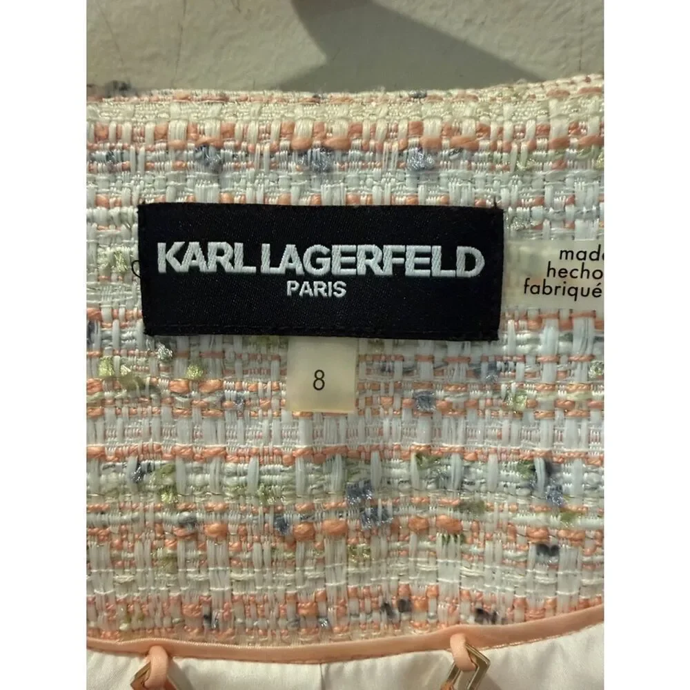 Karl Lagerfeld Cream and Pink Tweed Zip Jacket pockets rounded neckline size 8